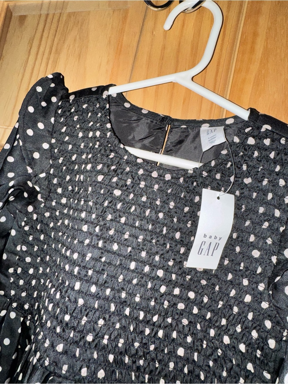 Black Smocked Dress with white polka dot Print